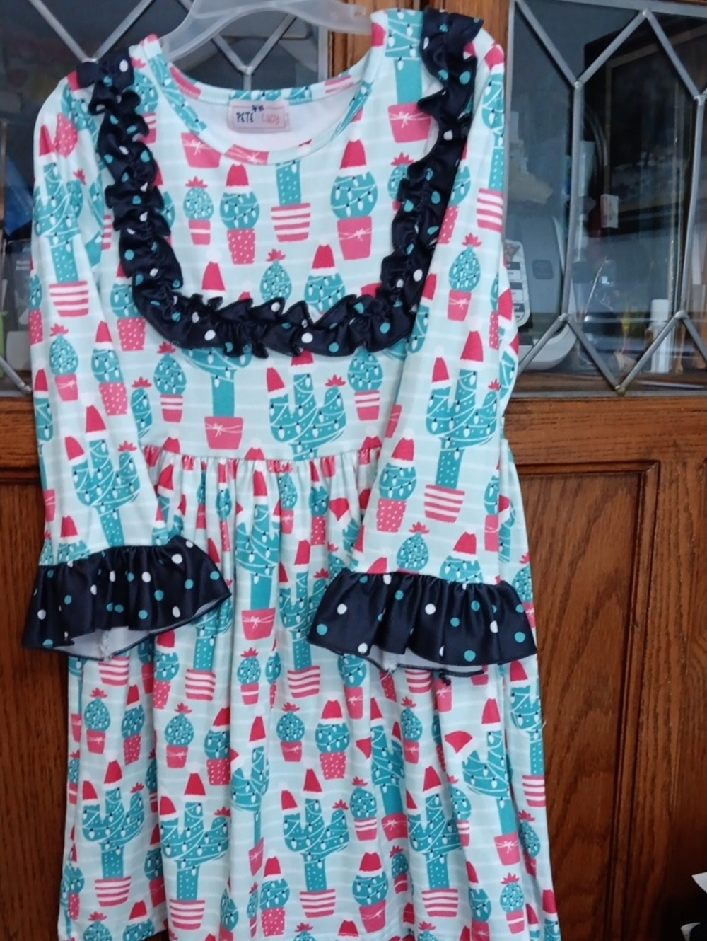 Girls Cactus Print Santa Hat Ruffle Dress - Pink & Teal with Navy Trim